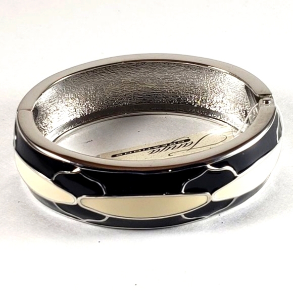Vintage Premier Designs Enamel Bangle Bracelet Black & Cream Silver-Tone Cuff - Picture 3 of 8